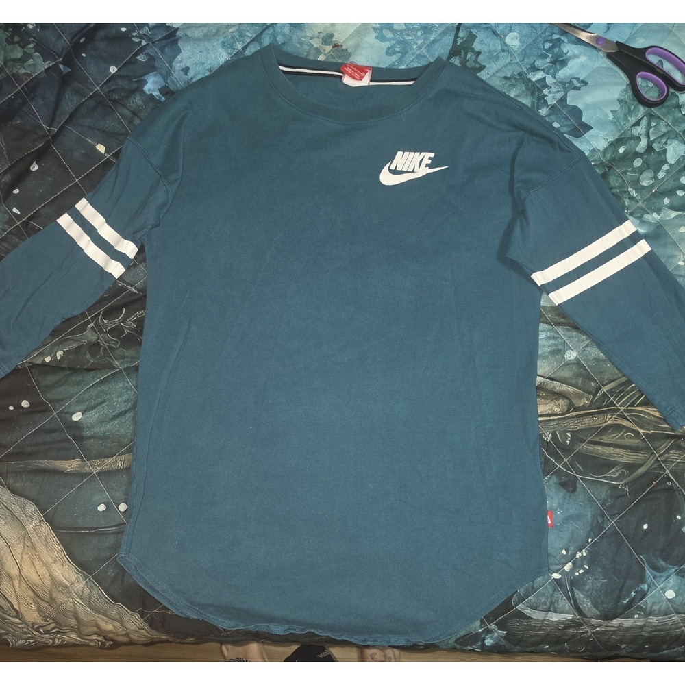 Nike Womens Graphic Tee Teal Just Do It Curved Hem Relaxed Fit T-shirt Size S